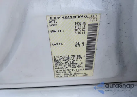 2015 Nissan Altima 2.5 S from USA, damaged, VIN 1N4AL3AP2FC195301